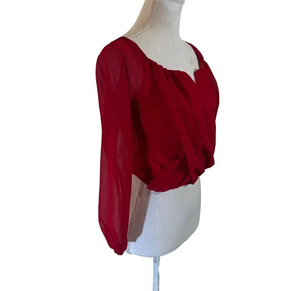 Windsor Cherry Red Blouse Pointed V Neck Chiffon Cropped Long Sleeves - Picture 2 of 6